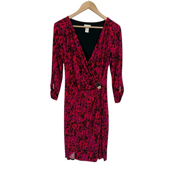 Vintage Cache Red Purple Print Faux Wrap Dress Gold Embellished Large - Picture 1 of 4